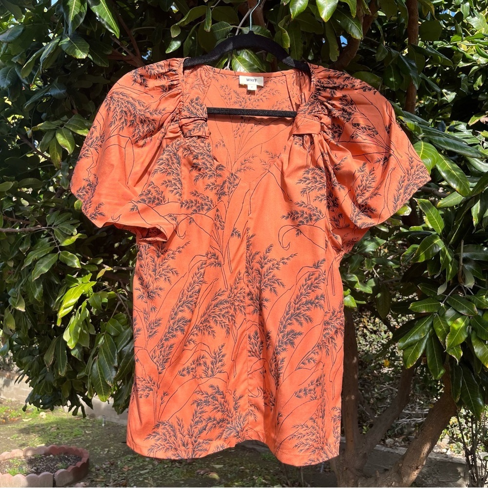 WHIT NEW YORK Orange silk v neck botanical print short sleeve blouse shirt‎
